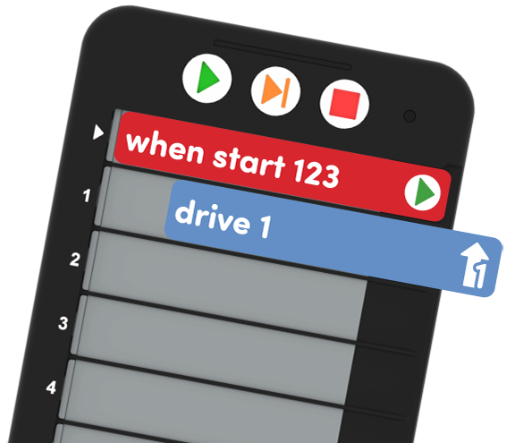 A VEX Coder is tilted with a When start 123 card in the top slot and an Drive 1 Coder card partially inserted in Slot 1.