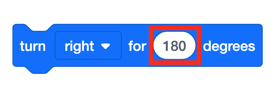 VEXcode 123 Turn For block that reads 'turn right for 90 degrees'. The input field is highlighted, indicating that it can be used to change the number of degrees turned from 90 to 180.