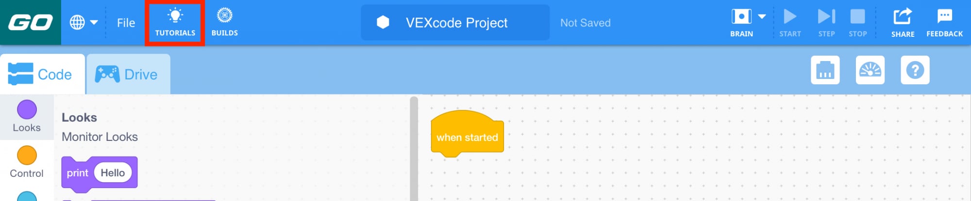 VEXcode GO Toolbar with the Tutorials button highlighted in a red box on the left side between File and Builds.