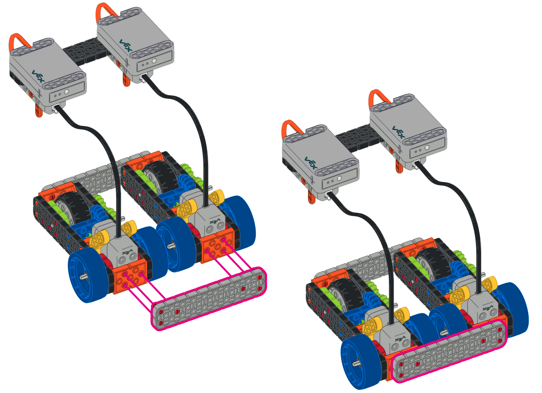 แผนภาพที่แสดงให้เห็นว่า Steering Super Car นั้นทำจาก Super Car ที่ขับเคลื่อนด้วยเครื่องยนต์ 2 คันรวมกัน โดยติดเข้าด้วยกันด้วยแผ่นแนวนอนที่ด้านหน้าและด้านหลัง รุ่นใหม่นี้มีมอเตอร์สองตัวและสวิตช์สองตัว