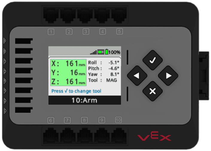 EXP Brain with the Arm Device information open. To the left a green box shows the current X, Y, Z coordinates, and to the right, the current values for Roll, Pitch, Yaw, and Tool are shown. The screen reads Press Check to change tool.
