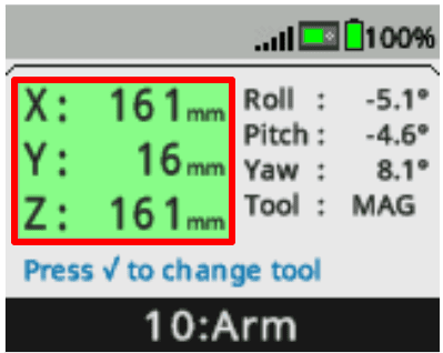 The Arm Dashboard is shown with the X, Y, Z coordinates on the left called out with a red box. They read, in order from top to bottom, X: 161mm, Y: 16mm, Z: 161mm. 