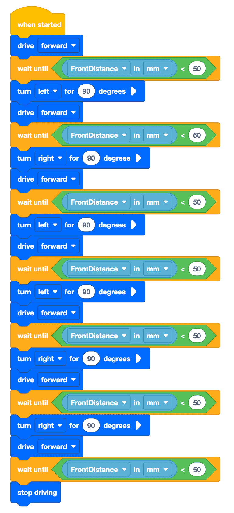 VEXcode VR blocks project that tries to reach the letter B goal, but has an error. There are 21 blocks following the When Started block. Consider the Drive Forward, Wait Until Front Distance in millimeters is less than 50, and then Turn 90 degrees commands to be one section of code. There are 6 of these sections, turning left, then right, then left twice, then right twice. To finish the project there is another Wait Until Front Distance in millimeters in less than 50 block and finally a Stop Driving block.