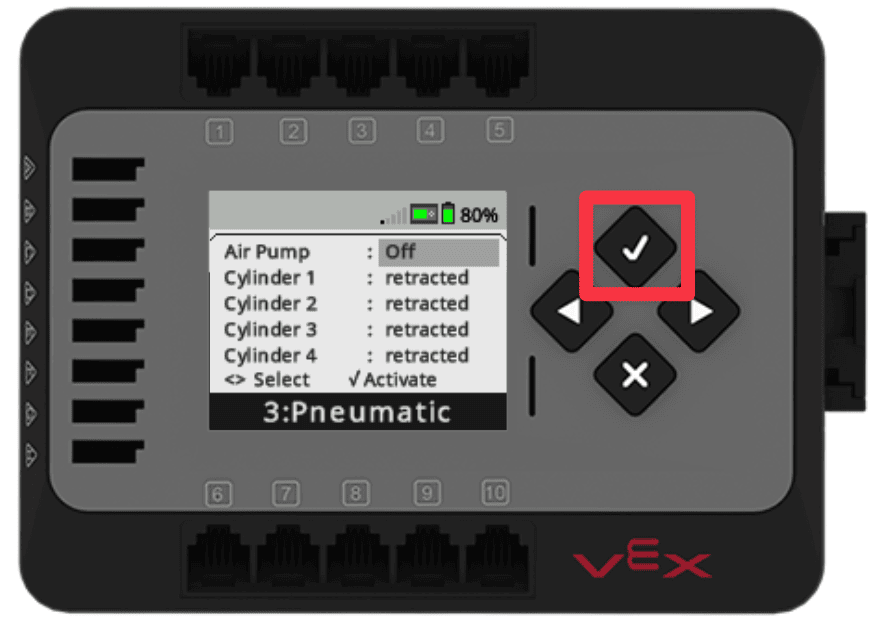 Devices screen showing the Air Pump's status as off and all cylinders retracted. The check button is highlighted with a red callout box.