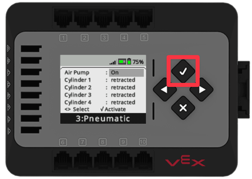 Devices screen showing the Air Pump on and all Cylinders retracted. The check button is highlighted with a red box.