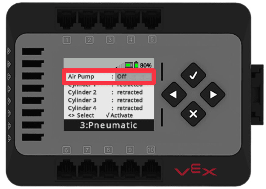 Devices screen showing the air pump status as off.