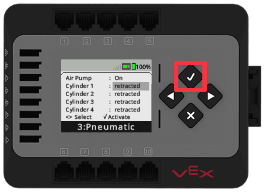 Devices screen showing Cylinder 1 retracted. There is a red callout box around the check button.