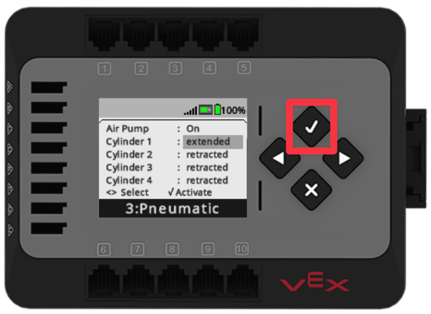 Devices screen showing Cylinder 1's status as extended, and a red callout box around the check button.