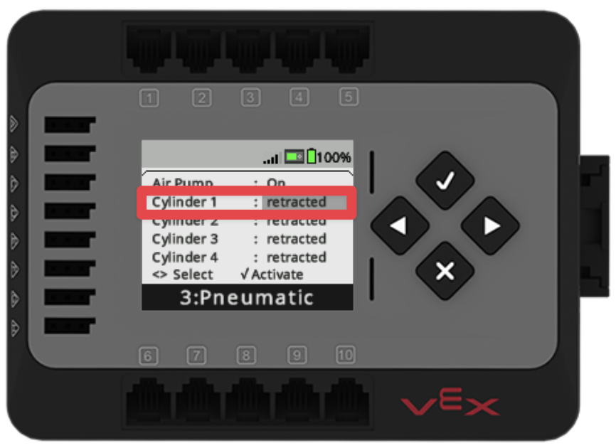 Devices screen with the Cylinder 1 line highlighted with a red box, and showing retracted status.