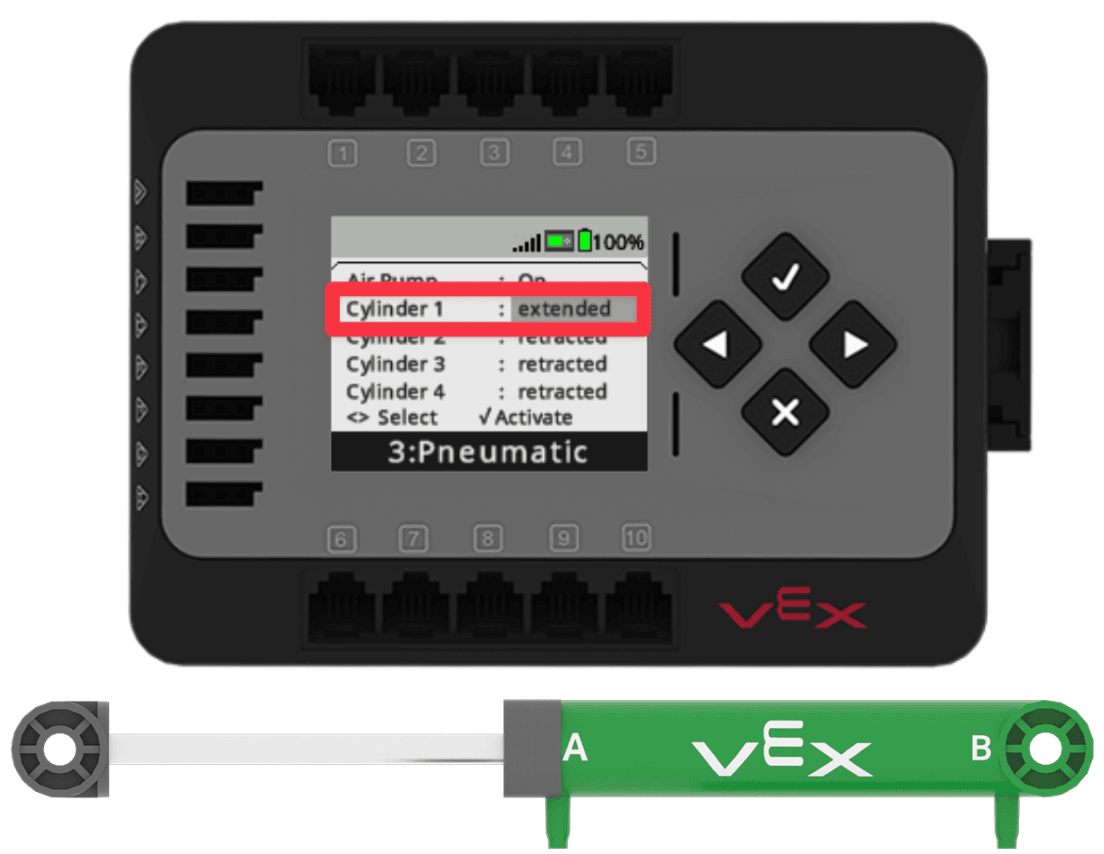 Devices screen showing Cylinder 1 as extended. Underneath is an image of a CTE Pneumatic Cylinder in the extended position.