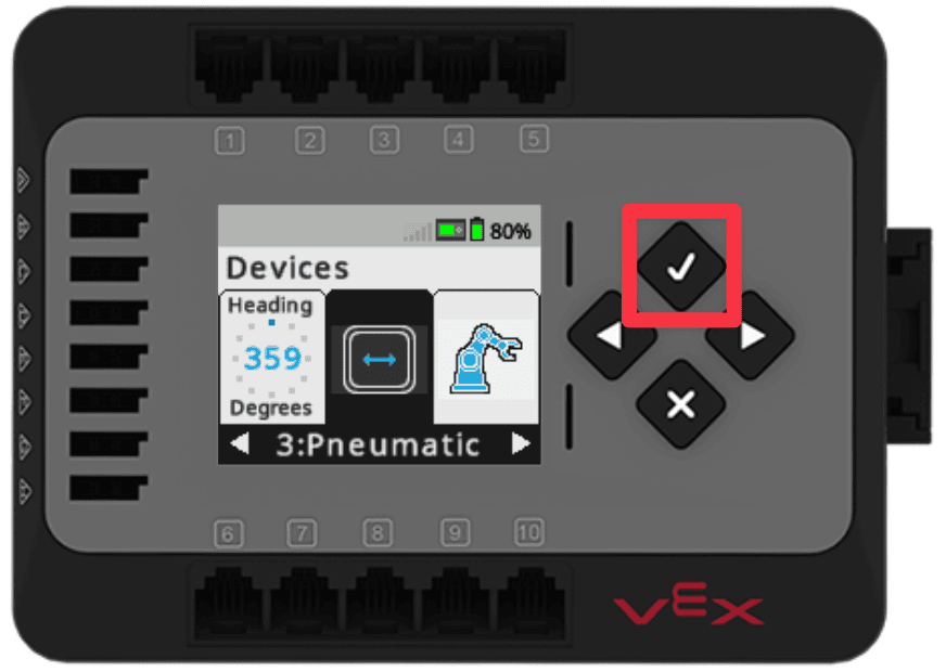 EXP Brain with the Pneumatic tab of the Devices screen open and the pneumatics option highlighted. The Check button is called out with a red box.