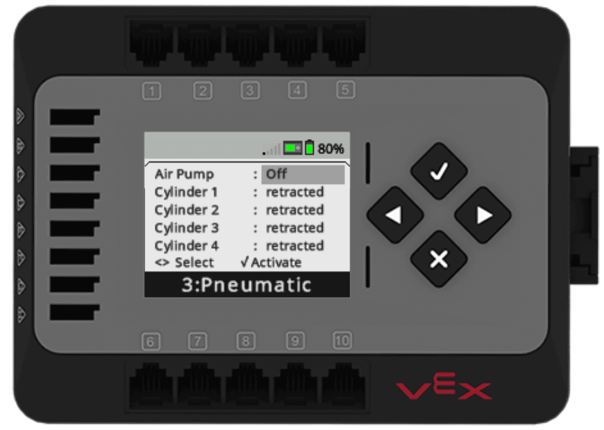 Devices Screen for pneumatics with the pneumatic status displayed in a table. The table rows read  Air Pump off, Cylinder 1 retracted, Cylinder 2 retracted, Cylinder 3 retracted, Cylinder 4 retracted. Directions under the table remind the user that the arrow buttons are used to select a pneumatic device, and the check button is used to activate. 