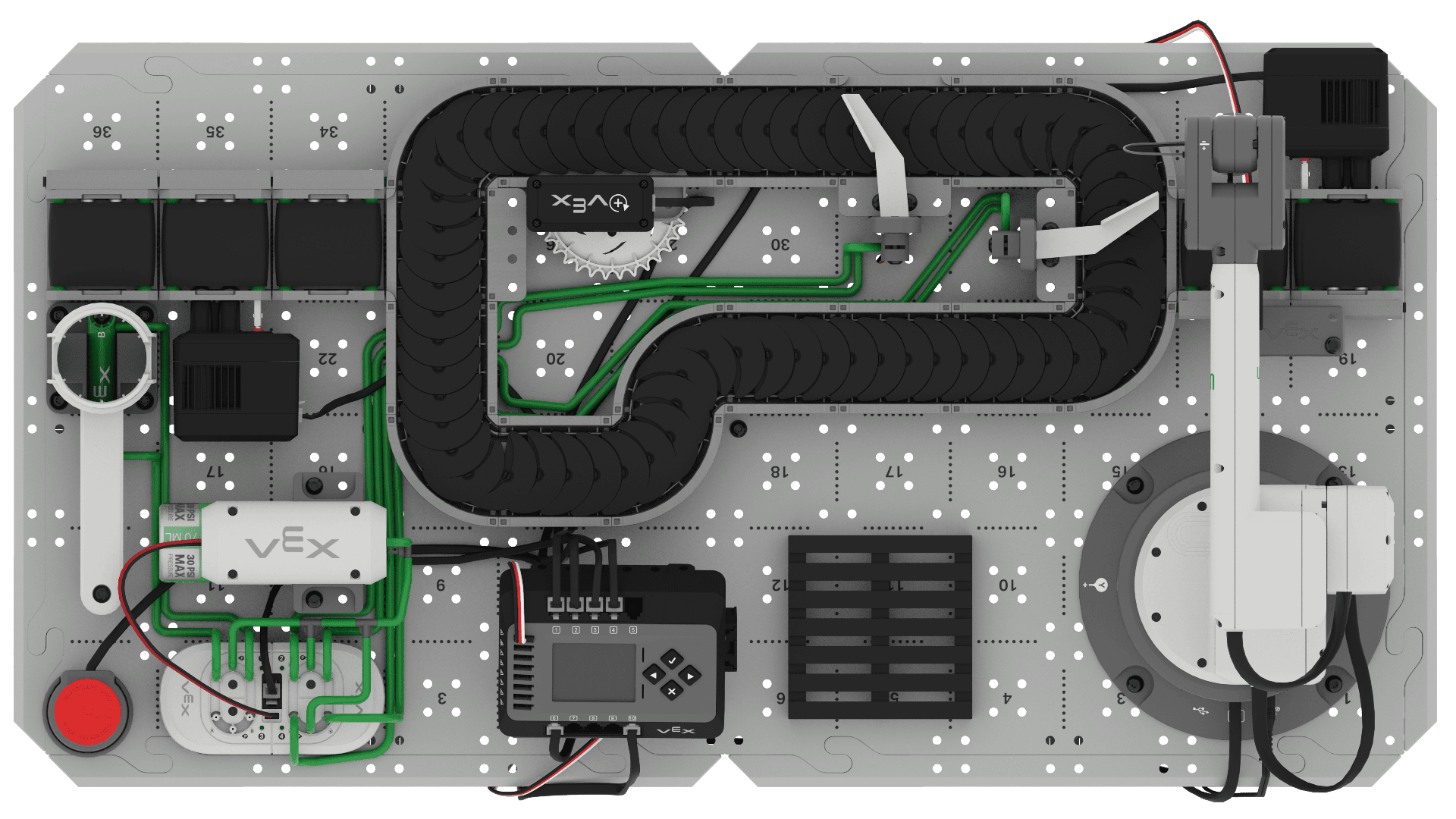 Top down view of the CTE Workcell + Pneumatics. The solenoid is in the bottom left of the build. Tubing is attached to the inputs and outputs of sections 1, 2, and 3 of the solenoid. The input tubing is coming from the air compressor. The output tubing from section 1 of the solenoid lead to a pneumatic cylinder under the Disk Feeder. The output tubing from section 2 of the solenoid leads to the pneumatic cylinder that controls the Side Diverter. The output tubing from section 3 of the solenoid leads to the pneumatic cylinder that controls the Exit Diverter.