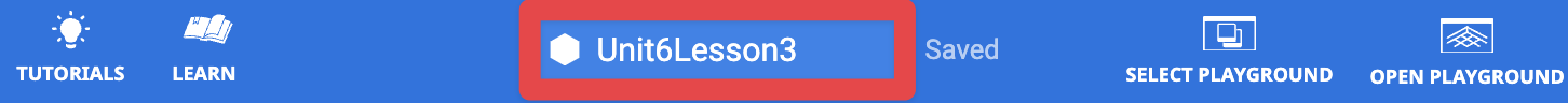 VEXcode VR Toolbar with a callout box on the Project name. The project name reads 'Unit 6 Lesson 3'.