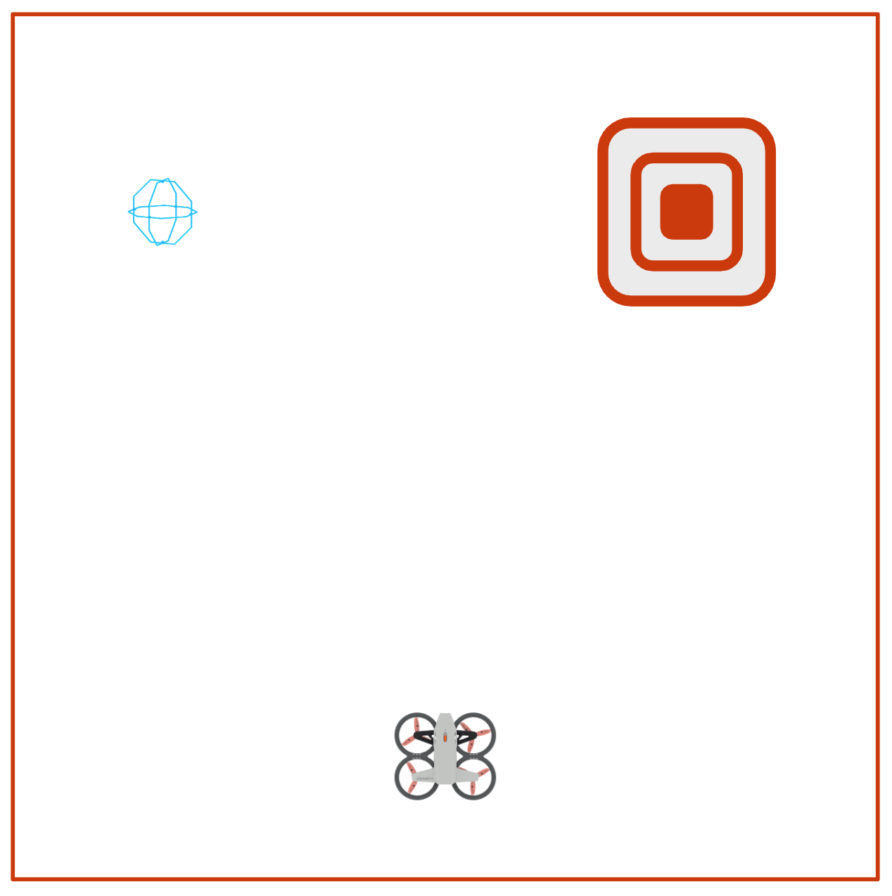 Flight area layout for the Hit the Mark mission. The drone is in the lower center of the field. A blue orbit ball is shown near the top left corner and a target is shown in the top right corner.