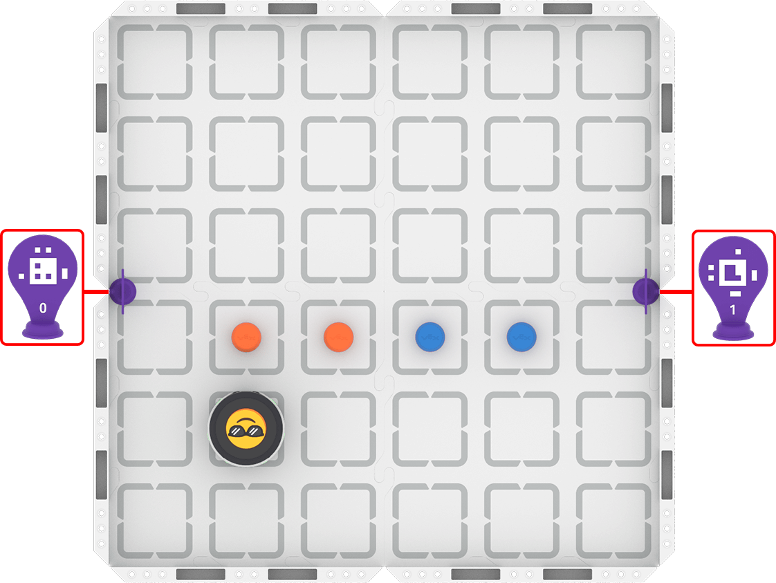 Field setup for the unit challenge is shown. AprilTag 0 is against the wall in the center of the left wall of the field, and AprilTag 1 is directly opposite on the right side. Two orange and two blue barrels are located in the squares across the center of the field, and the robot is facing the far left barrel, one square behind.