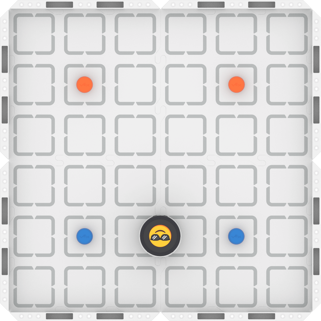 Two orange barrels on the top side of the field serve as a goal. VEX AIM Coding robot on the bottom side and one blue barrels on each side of VEX AIM on a field.