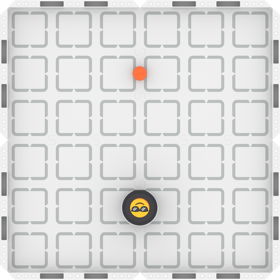 An VEX AIM Coding Robot at the bottom of the field. There is an orange barrel in front of it.