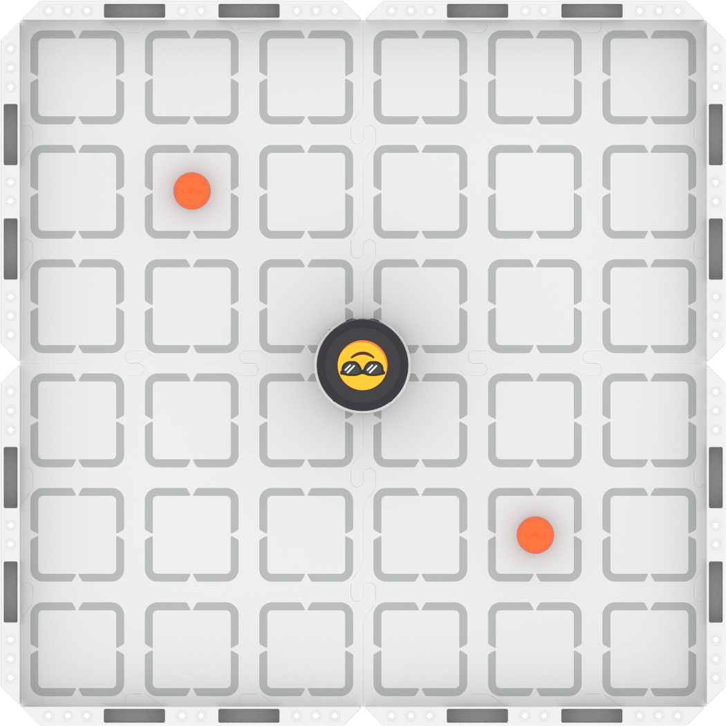 One VEX Coding AIM Robot in the middle of the field. Two orange barrels are in a diagonal line on two sides.