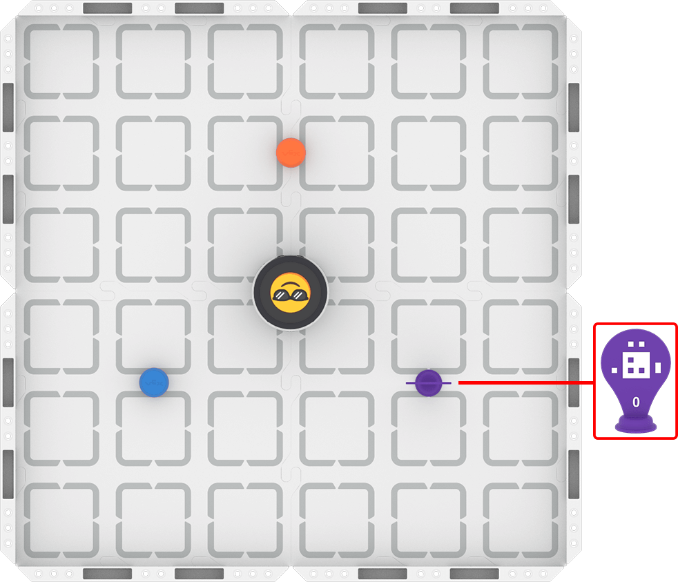 The VEX AIM Coding Robot in the middle of the field. There is an orange barrel in front it, a blue barrel on the bottom left and an april tag 0 on the bottom right.
