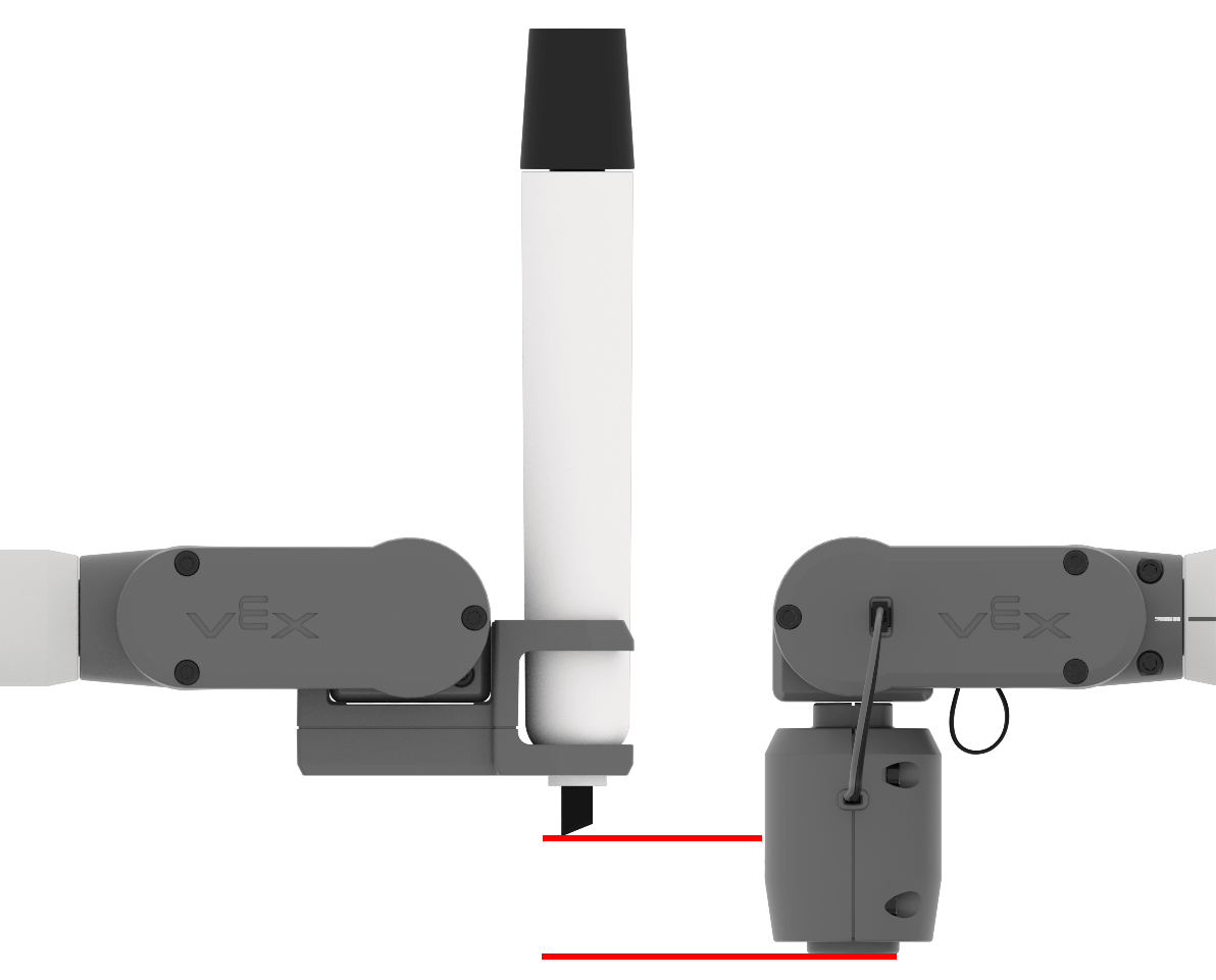 Close up side view of the Pen Holder Tool with the marker, and the Magnet Tool to compare the TCP of each end effector, showing the difference in height.