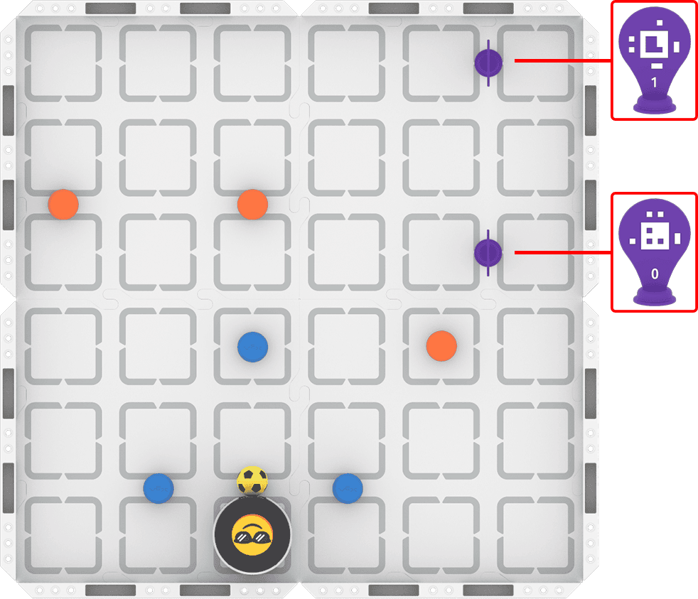 A Field is set up with 3 pairs of barrels creating gates, that are offset from one another, beginning slightly left of center at the bottom of the field. The barrels are two squares apart to create an opening for the robot to move through. The second set of gates is to the right of the first, and the third is to the left. In the upper right corner are two AprilTags the same space apart, vertically, creating the finish line. The robot is centered below the first set of gates at the bottom of the field, and has a sports ball attached to it.