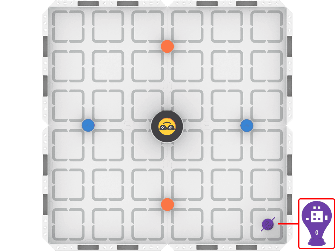 A top down view of the field, with a robot in the center. Two blue barrels are placed to the left and right of the robot, approximately 2 squares away. Two orange barrels are placed in front and behind the robot, approximately two squares away. In the lower right corner of the field, April Tag ID 0 is placed facing the center.