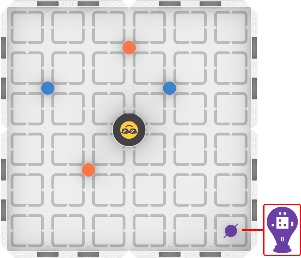 Unit 6 Lesson 2 setup image with the robot placed in the center of the field, and four barrels placed in different positions surrounding the robot. AprilTag ID 0 is in the bottom right corner.