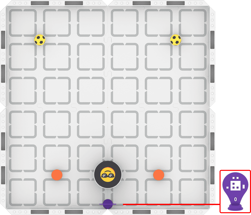 A top down view of the field with two sports balls placed towards the upper left and right corners. AprilTag ID 0 is against the center of the bottom wall facing the center of the Field, with the robot in front of it, also facing the center of the field. To the left and right of the robot are orange barrels, marking the goal area.