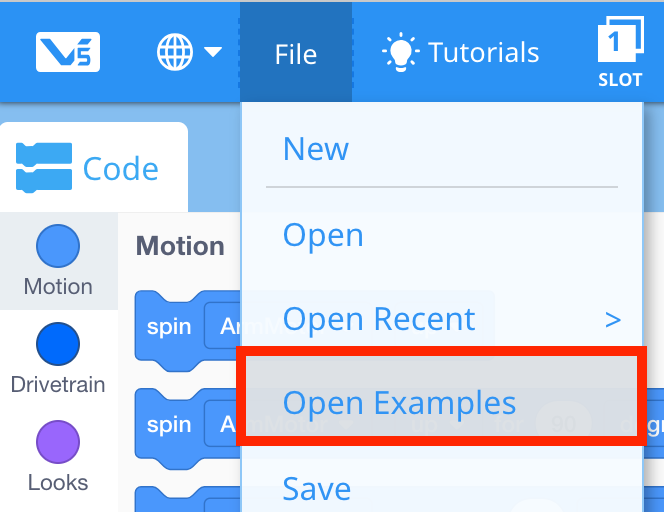 The Open Examples button in the File menu