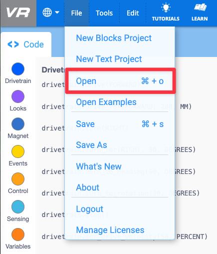 VEXcode VR Enhanced Toolbar, with the File menu open and the Open option highlighted with a red box. Open is the third option in the menu after New Blocks Project, and New Text Project.