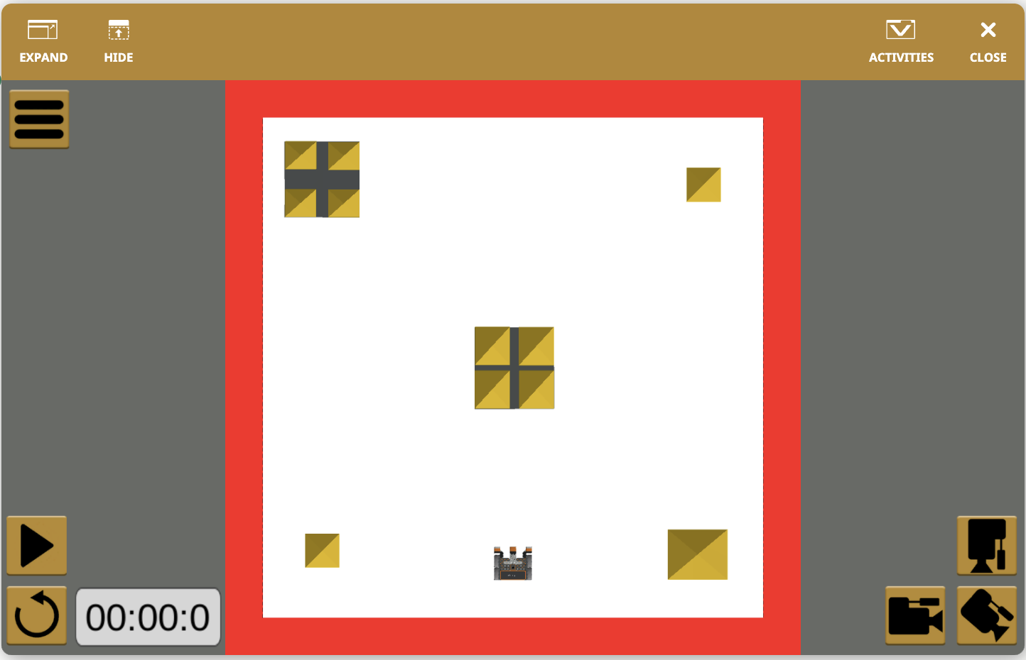 Top down view of the Castle Crasher playground showing the full Playground interface with play, reset, and camera buttons.