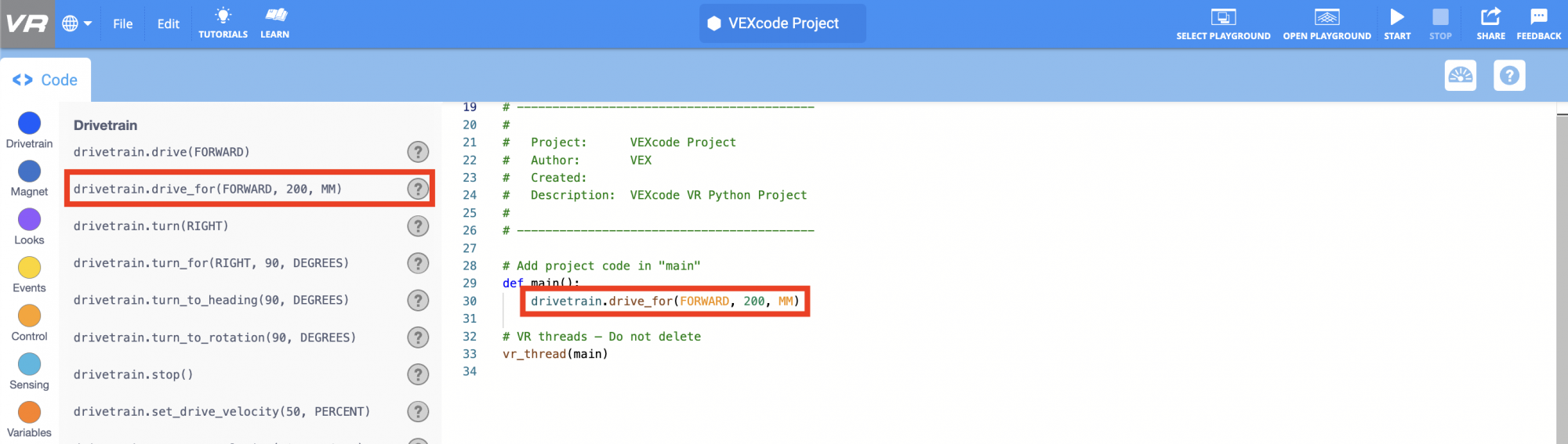 The VEXcode VR interface with a Python project open. The drivetrain.drive_for command in the toolbox and in the coding interface is highlighted with a red box.
