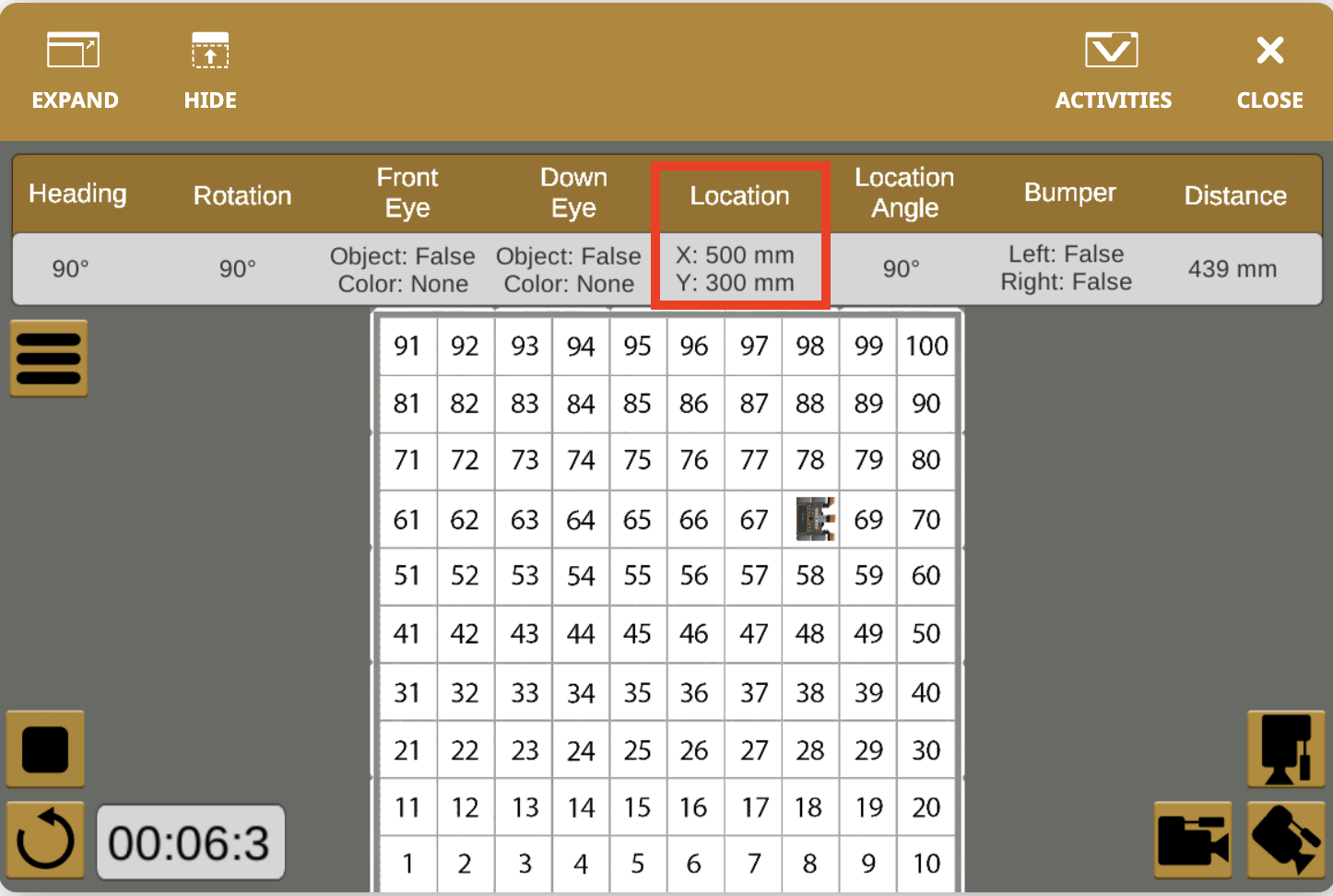 The VR playground view with the dashboard opened, and a red box highlighting the robot's location sensing value of 500 millimeters on the X axis and 300 millimeters on the Y axis.