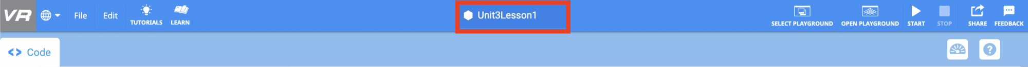 VR Toolbar with the project name box highlighted. The name in the box is Unit 3 Lesson 1.