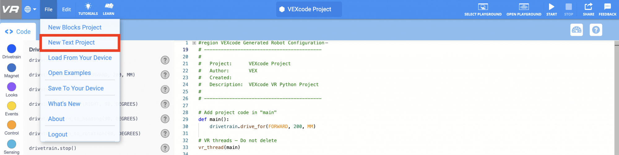 VEXcode VR workspace, with the File menu dropdown opened. The choices in the menu read, New Blocks Project, New Text Project, Load from Your Device, Open Examples, Save To Your Device, What's New, About and Logout. The New Text Project option is highlighted with a red box.