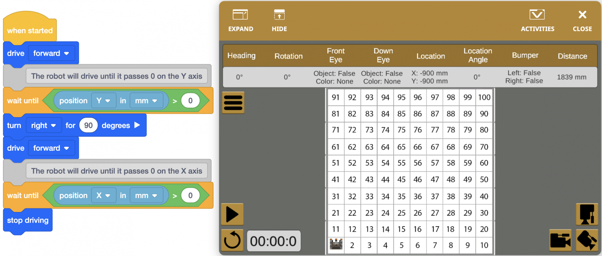 The VEXcode VR 'Location' example project is opened to the left, and the VR Number Grid Map playground is opened next to it. The 'Location' project begins with a When Started block and then has 8 blocks following. First there is a Drive Forward block, then a comment that reads 'The robot will drive until it passes 0 on the Y axis'. Next, Wait Until Position on the Y axis in millimeters in greater than 0 and turn right for 90 degrees. Drive Forward after turning, next a comment block reads 'The Robot will drive until it passes 0 on the X axis'. Wait Until Position on the X axis in millimeters is greater than 0, then finally stop driving. 