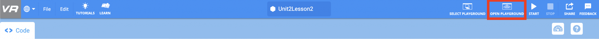 The top of the VEXcode VR interface. The Open Playground button is highlighted with a red box.