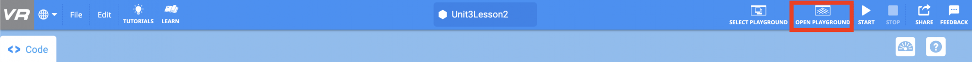 VEXcode VR Toolbar with the Open Playground button in the upper right highlighted with a red box.