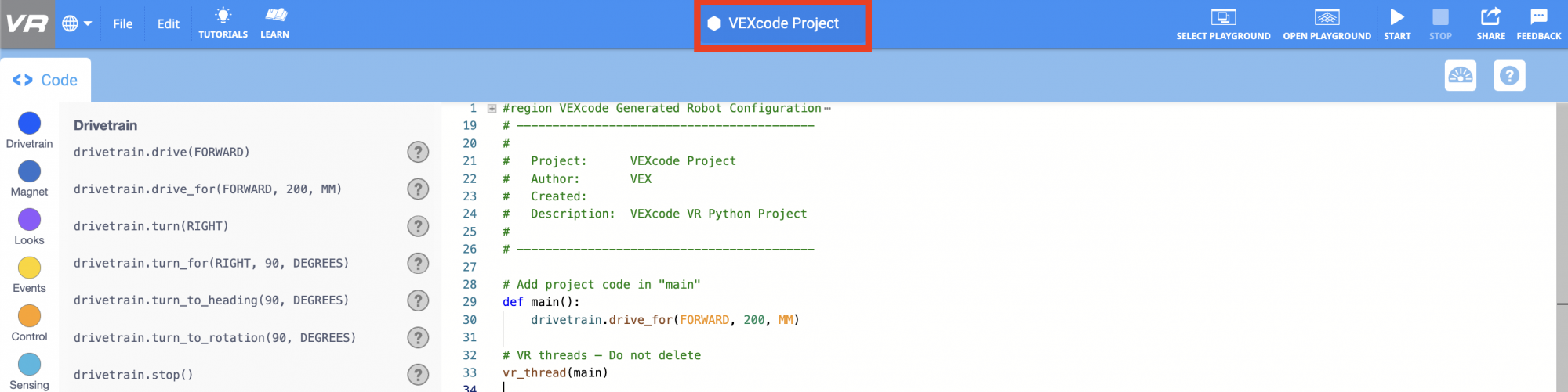VEXcode VR toolbar with the name box highlighted, showing where to click to begin naming your project.
