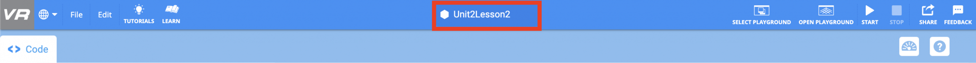 The VEXcode VR Toolbar, the Project Name is highlighted with a red box and reads Unit 2 Lesson 2.