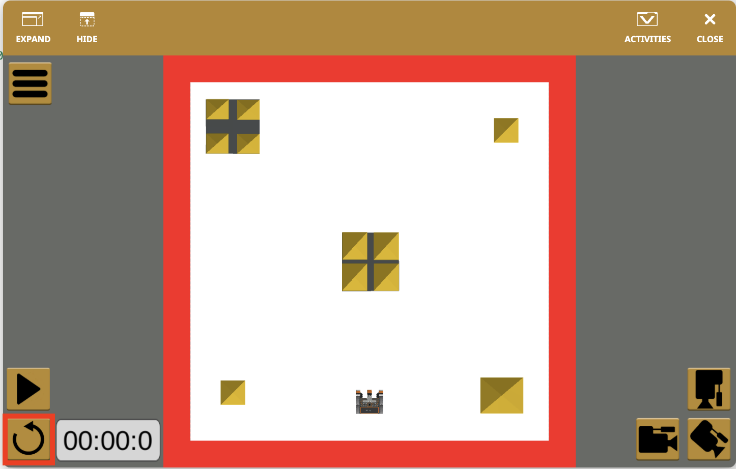 Top down view of the Castle Crasher playground showing the full Playground interface. The Reset button is highlighted with a red box.