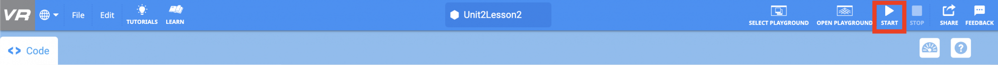 The top of the VEXcode VR interface. The Start button is highlighted with a red box.