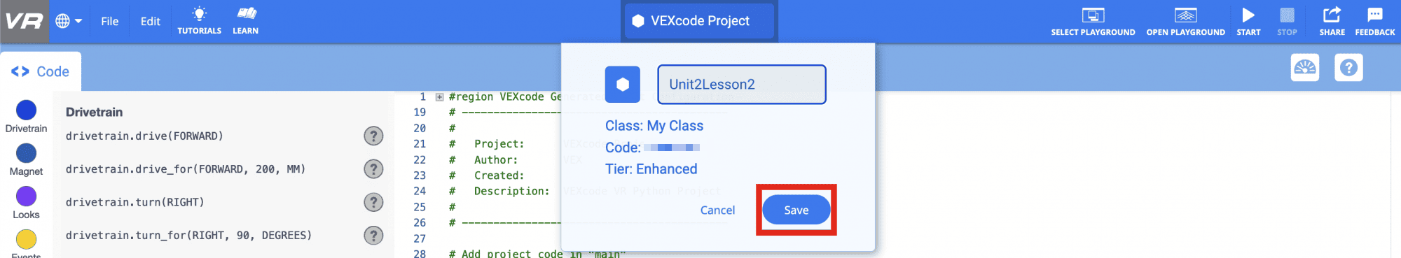 The VEXcode VR interface. The Project Name window is open, and with the project name having been changed from VEXcode Project to Unit2Lesson2. The Save button is highlighted with a red box.