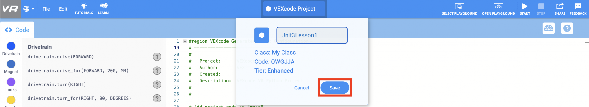 Project name dialog box open, with Unit 3 Lesson 1 typed into it. The save button at the bottom right is highlighted with a red box.