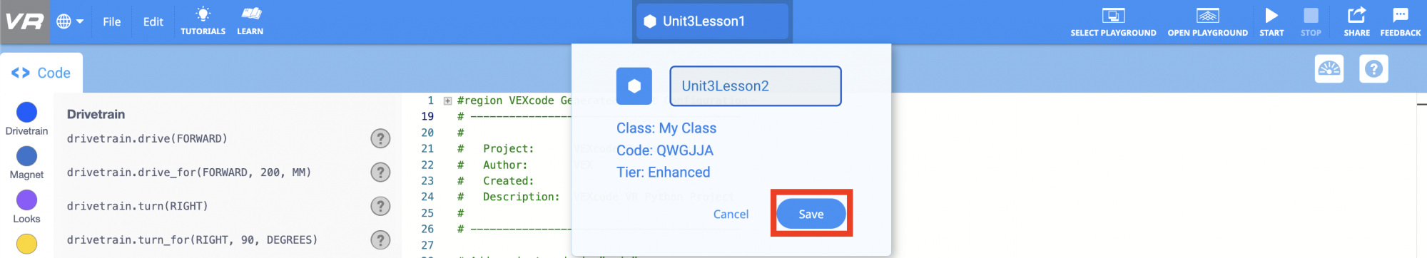VR toolbar with the project name dialog open. The project has been renamed to Unit 3 Lesson 2, and the save button is highlighted with a red box.