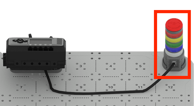 A close up view of the corner of the CTE Brain 6-Axis Arm Base build, showing the EXP Brain and the connected Signal Tower. The Signal Tower is highlighted with a red box.