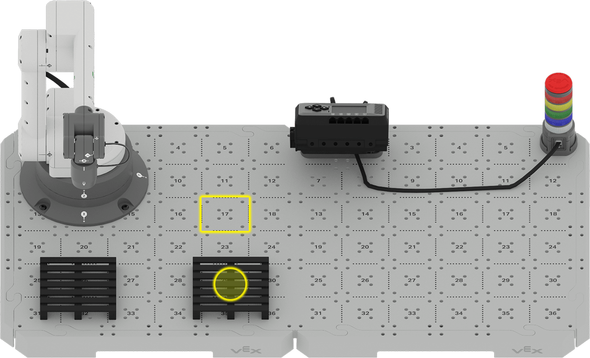 CTE Brain 6-Axis Arm Base build with a yellow highlight around Tile location 17 on the Arm Tile and the center of the right side pallet, directly opposite Tile location 17. 