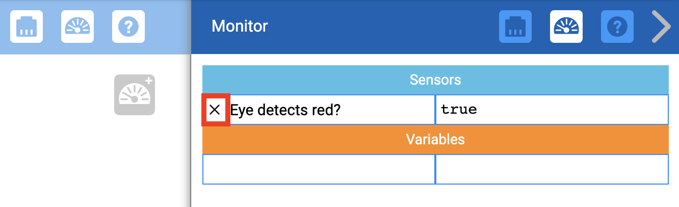 The Monitor Console is open and the Sensors table has one row reading 'Eye detects red?' with a value of true. A red box is highlighting the 'X' icon used to remove sensor data from the Monitor Console.