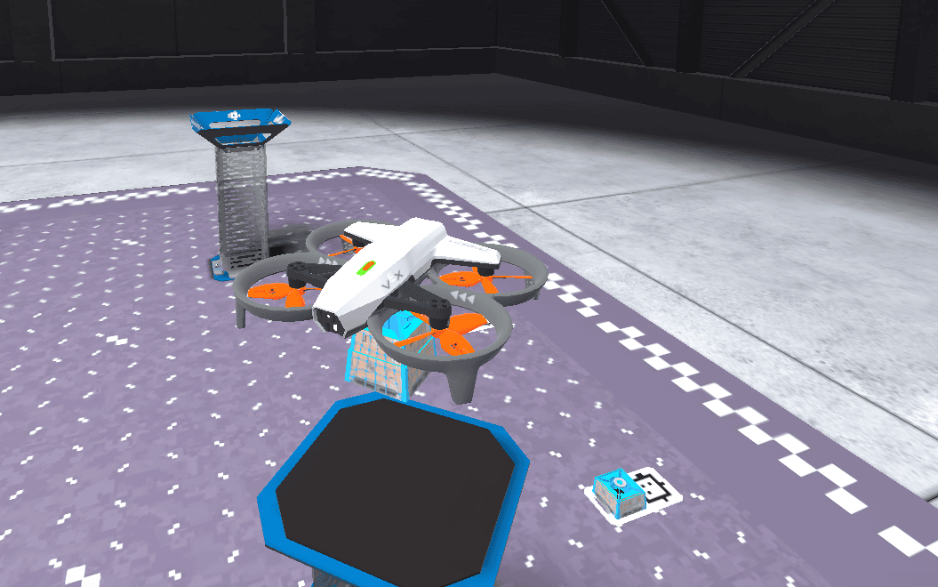 A VEX AIR drone carrying cargo with the magnet module is about to drop it onto a cargo tower.